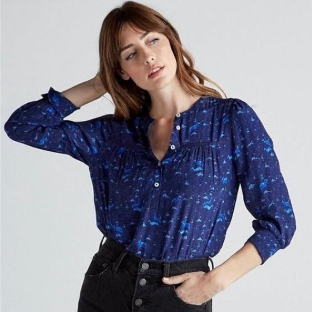 Lucky Brand Blue Deer Gazelle Frolicking Boho Peasant Top Size Small